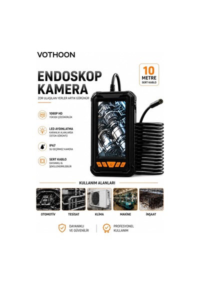 10 Metre Tek Kameralı Endoskop Kamera 1080p Hd Led Aydınlatmalı Sert Kablolu Yeni