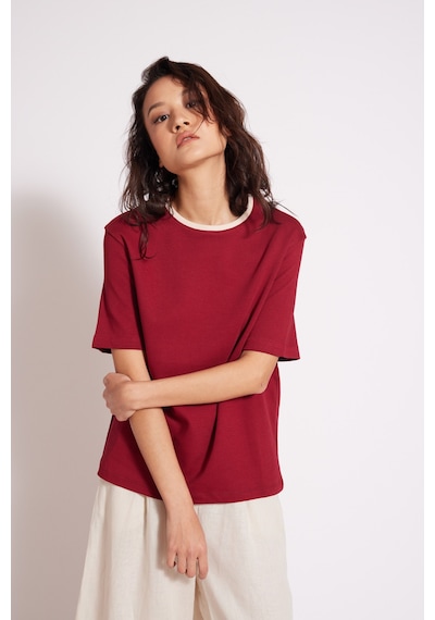 Pamuklu Kısa Kollu Kontrast Bisiklet Yaka T-shirt Bordo
