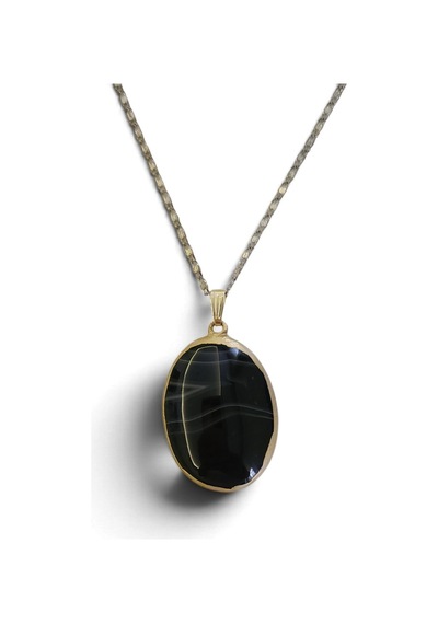 Doğal Oniks Taşlı Oval Gold Çerçeveli Çelik Zincirli Kolye Siyah