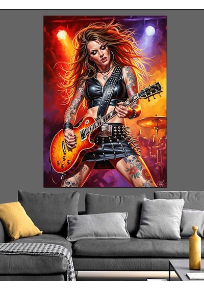 Ahşap Tablo Kırmızı Saçlı Gitarist Kadın