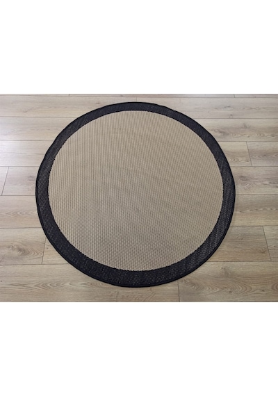 Çam Halı Sisal 9716 Bej / Siyah Bordürlü Daire Jüt Sisal Kilim - 120x120