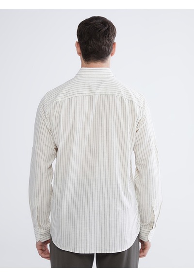 Lcwaıkıkı Classic Bej Regular Fit Çizgili Erkek Keten Karışımlı Gömlek