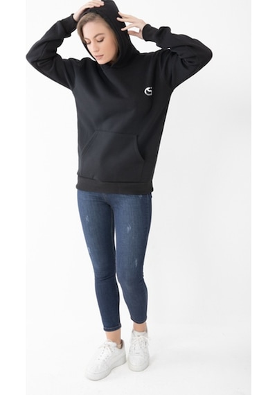 Unisex Siyah Renk Baskılı Kapşonlu Sweatshirt Siyah