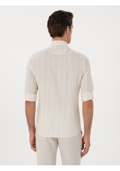 Cacharel Bej Slim Fit Çizgili Keten Karışımlı Gömlek