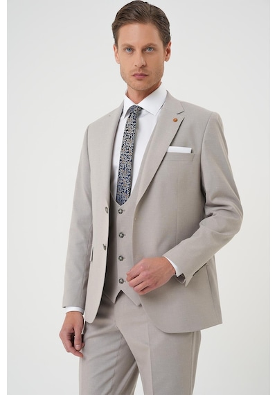 Efor Slim Fit Çift Yırtmaç Keten Karışımlı Yelekli Klasik Taş Takım Elbise Tk 914 Taş