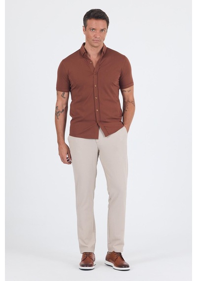 İmza Kiremit İtalyan Düğmeli Yaka Kısa Kol Cepsiz Slim Fit Gömlek 1004250255 Kiremit