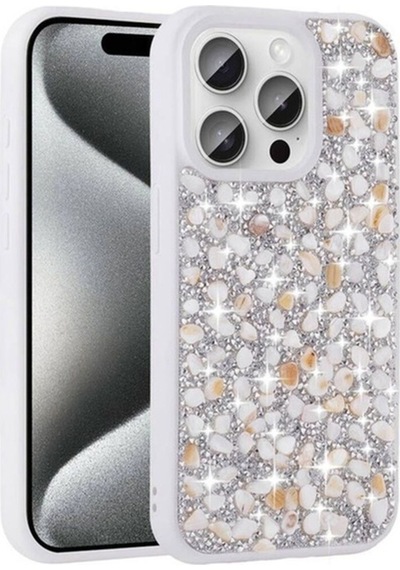 Apple Uyumlu iPhone 15 Pro Kılıf Parlak Taşlı Tasarım Zore Linea Kapak Beyaz