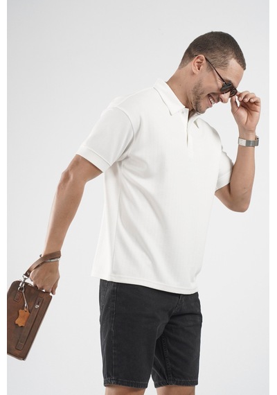 Polo Yaka Çizgi Detaylı Regular Kalıp Erkek Tişört Beyaz