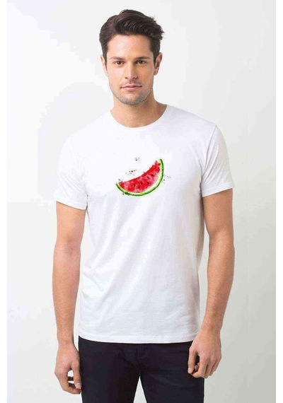 Karpuz Frutti Di Bosco Meyve Suluboya Baskılı Beyaz Erkek Tshirt