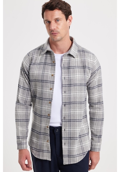 Tudors Erkek Slim Fit Dar Kesim Kareli Kışlık Oduncu Gömlek-42322 Gri