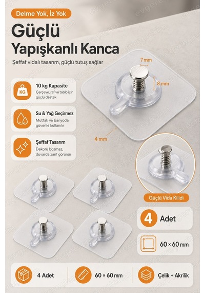 Vidalı Tırnak Kanca Kendinden Yapışkanlı Raf Çerçeve Tutucu Askı 4 Adet Şeffaf