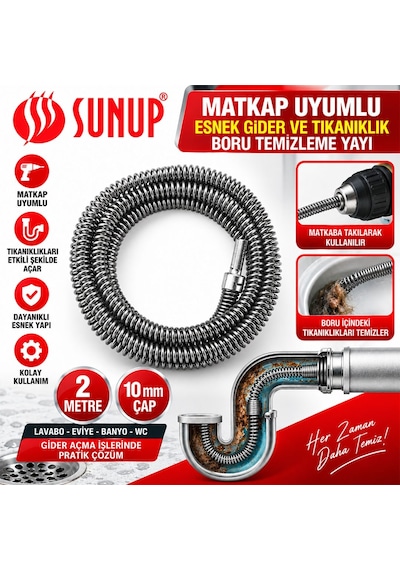 Sunup Sn-38808 2 Metre 10 Mm Matkap Uyumlu Boru Temizleme Yayı