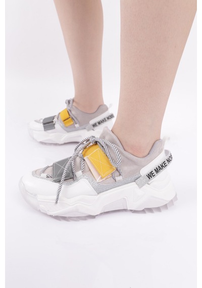 Dgn 65140-22y Kadın Mega Kalın Taban Simli Cırtlı Sneakers Ayakkabı Beyaz Multi