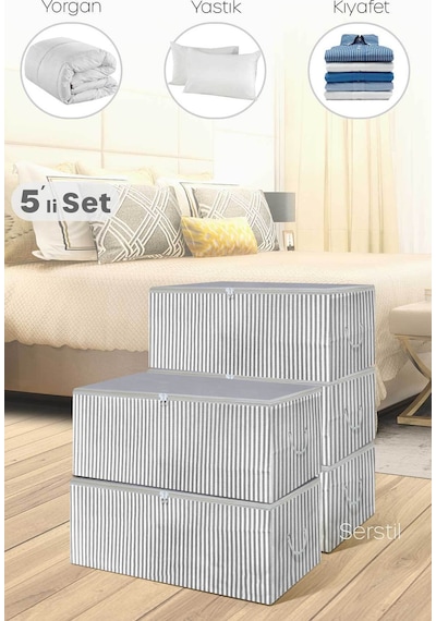 Serstil 5 Adet - Mini Boy Baskı Detaylı Antrasit Çizgili Hurç 30 X 22 X 18 Cm Gri