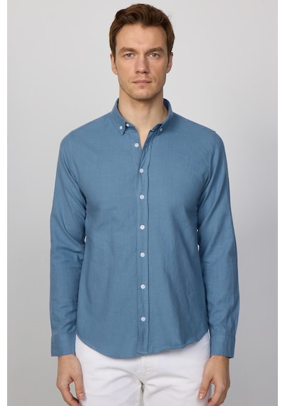 Tudors Erkek Slim Fit Dar Kesim %100 Pamuk Keten Doku Düğmeli Yaka Indigo Gömlek-28746 İndigo