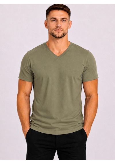 Axxel Erkek Açık Haki Pamuklu V Yaka Kısa Kollu T-shirt-d804