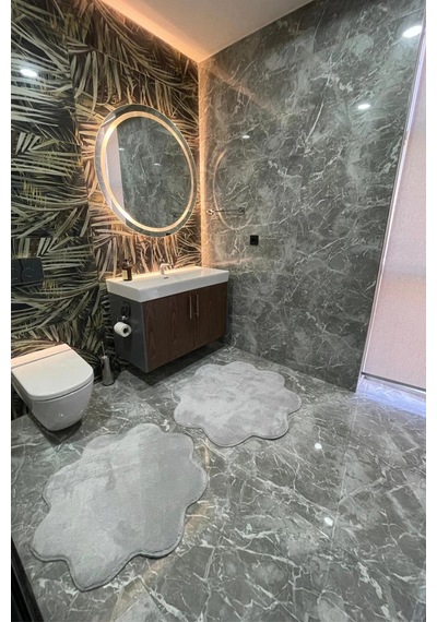 2'li Papatya Banyo Paspası Takımı Kaymaz Taban Yıkanabilir Peluş Pofuduk Post 80x80 - 100x100 Gri Gri