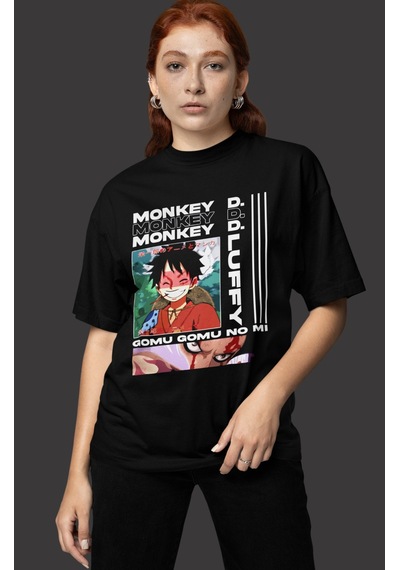 Sevbano Tasarım Monkey D. Luffy Gear 5 Baskılı Unisex Oversize Anime Dizi Siyah