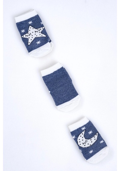 Cocole Socks Erkek Bebek Soket Çorabı 3 Lü Set Pamuklu Lacivert Ay & Yıldız Desenli Çok Renkli