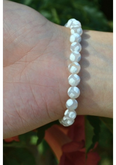 Tibet Akik Bileklik Doğaltaş 8mm Unisex Koruma Ve Denge Taşı Beyaz