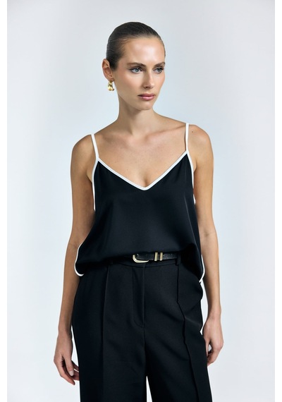 Sateen Kontrast Askılı Bluz - Siyah-137317