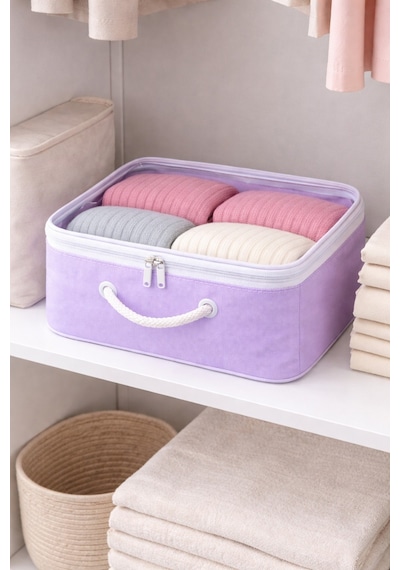 Mor Şeffaf Kapaklı Hurç 28x32x15 Cm Orta Boy Dolap İçi Kıyafet Ve Havlu Düzenleyici