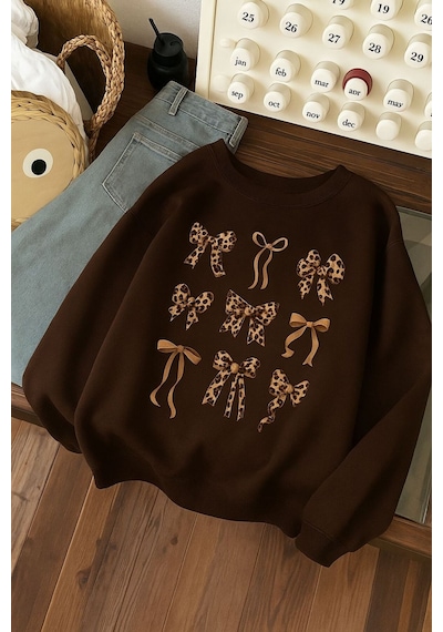 Benroma 3 İplik Penye Çilek Baskılı Unisex Sweatshırt Kahverengi