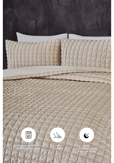 Evlen Home Collection Kadife Stacy Yatak Örtüsü Seti Çift Kişilik Elyaf Dolgulu Yumuşak 3 Parça Bej