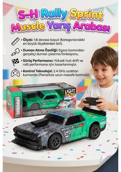 Uzaktan Kumandalı 9 Fonksiyonlu Sesli Işıklı 1:8 Ölçekli Duman Ve Drift Atan 2.4ghz Oyuncak Araba Yeşil