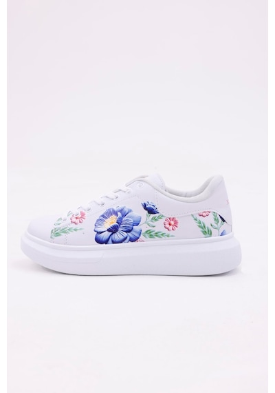 3d Dijital Baskı Kadın Beyaz- Mavi Gül Desenli Sneaker Beyaz-mavi
