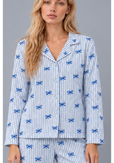 Kadın Gömlek Yaka Desenli Mavi Pijama Takımı 4816