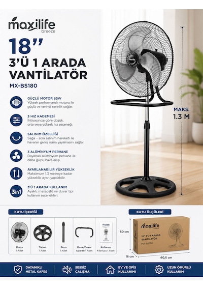 Breeze Mx-bs180 18 İnç 3 Ü 1 Arada Sanayi Tipi 65w 3 Kademeli Ayaklı Vantilatör
