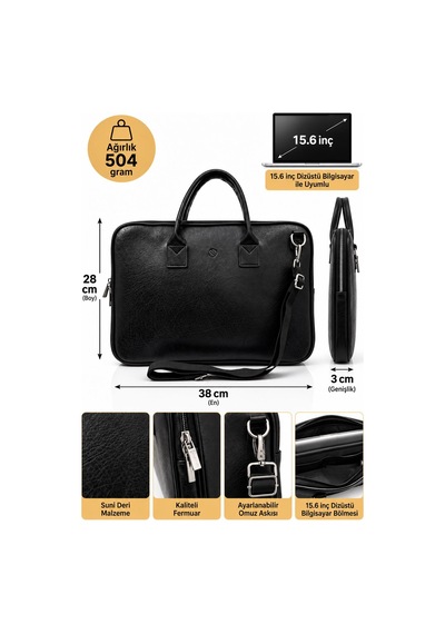 Vt-unisex 15.6 İnç Uyumlu Suni Deri Darbe Korumalı Laptop Ve Evrak Çantası Siyah