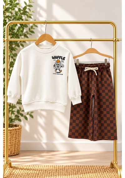 Monila Erkek Çocuk 3 İplik Pamuklu Ekru Waffle Baskılı Sweatshirt Ve Kahverengi Kareli Alt Üst Takım