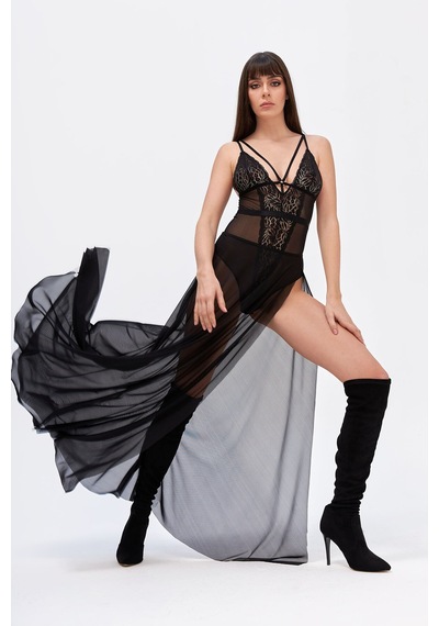 NBB Kadın Siyah Valeur Tül Etekli Çıtçıtlı Bodysuit Takım