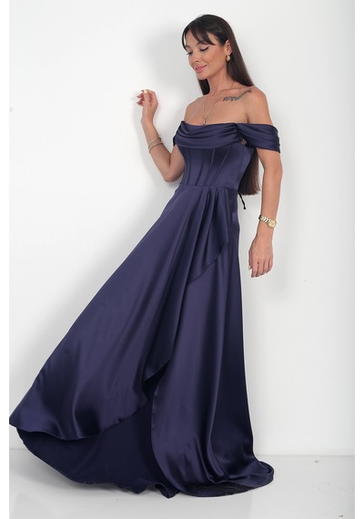 By Saygı Kadın Straplez Yaka Düşük Kol Balenli Yanı Fırfırlı Astarlı Uzun Saten Elbise Lacivert By Saygı Kadın Straplez Yaka Düşük Kol Balenli Yanı Fırfırlı Astarlı Uzun Saten Elbise Lacivert