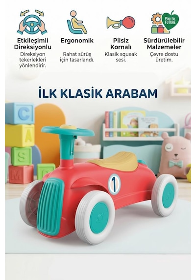 Clementon İ İlk Kornalı Klasik Arabam Kolay Kurulumlu 1:1 Boyutlu Ergonomik Sürmeli Çocuk Arabası