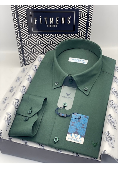 Slim Fit Uzun Kol Pamuklu Hediye Kutulu Kolay Ütülenebilir Erkek Gömlek Fs-002225 - Koyu Yeşil-2811