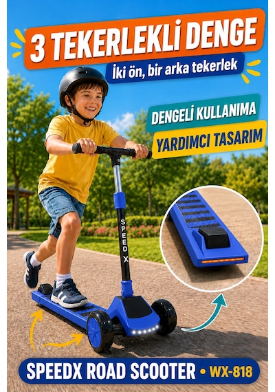 Mavi Işıklı Müzikli Speedx Road Scooter Wx-818 3 Tekerlekli Çocuk Scooterı Geniş Dokulu Taban
