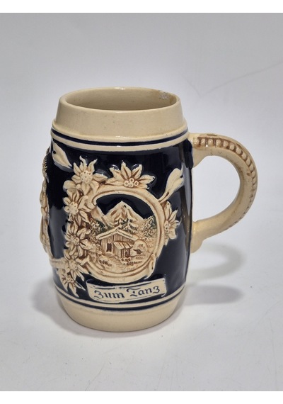 Vintage Tankart Dağ Evi Ve Çiçek Temalı Alman Seramik Bira Bardağı 11,8cm 006