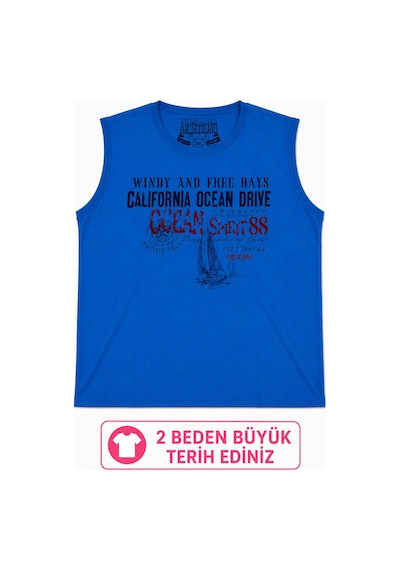 Büyük Beden Kolsuz Yuvarlak Yaka Baskılı Erkek Tishirt Atlet Mavi