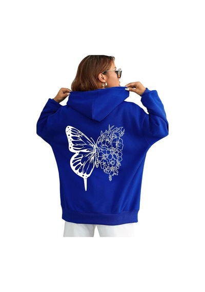 Medinenur Unisex Kelebek Baskılı Kapüşonlu Sweatshirt Mavi