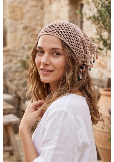%100 El Örgüsü Boncuklu Bohem Kadın Bandana Saç Aksesuarı Krem 86914888