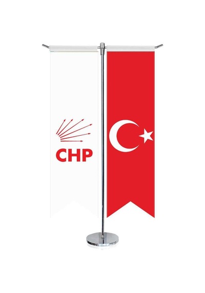 Beyaz Cumhuriyet Halk Partisi Chp Bayrağı Ve Türkiye - Kırlangıç -saten T Direk 2li Masa Bayrağı 1