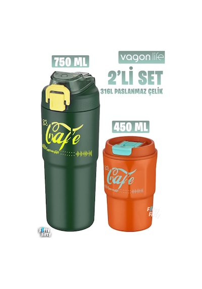 Vagonlife 2'li Çelik Termos-kahve Bardağı Seti 750ml Çift Kullanım Termos//450ml Mug Kahve Bardağı Yeşil - Turuncu