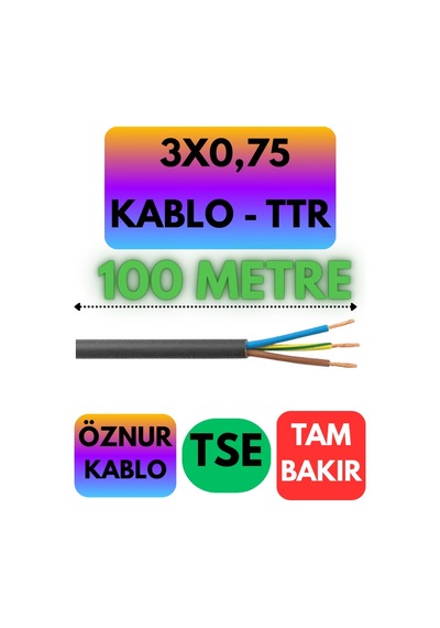 Öznur 3x0,75 Ttr Kablo Siyah Metre Seçenekli - 100 Metre