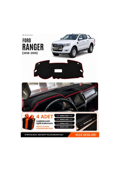 Ford Ranger 2018-2019 Uyumlu Torpido Örtüsü, Torpido Kılıfı - Siyah-kırmızı - Fo015