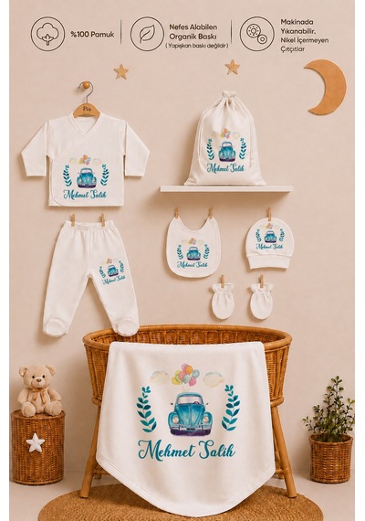 Pia Baby Kişiye Özel %100 Pamuk Erkek Bebek Hastane Çıkışı Zıbın Seti 8 Parça Kese Hediyeli 2078zybk0x Ekru