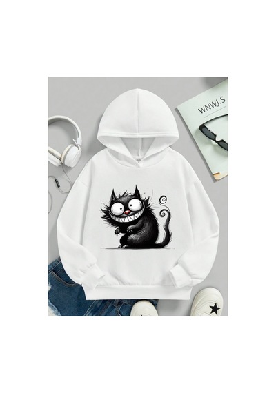 Stil X Sevimli Kediler Baskılı Kapüşonlu Çocuk Sweatshırt Beyaz-5