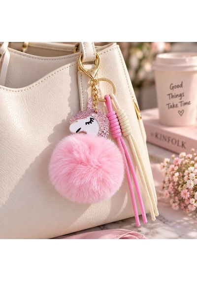 Pembe-krem Unicorn Ponponlu Çanta Charmı